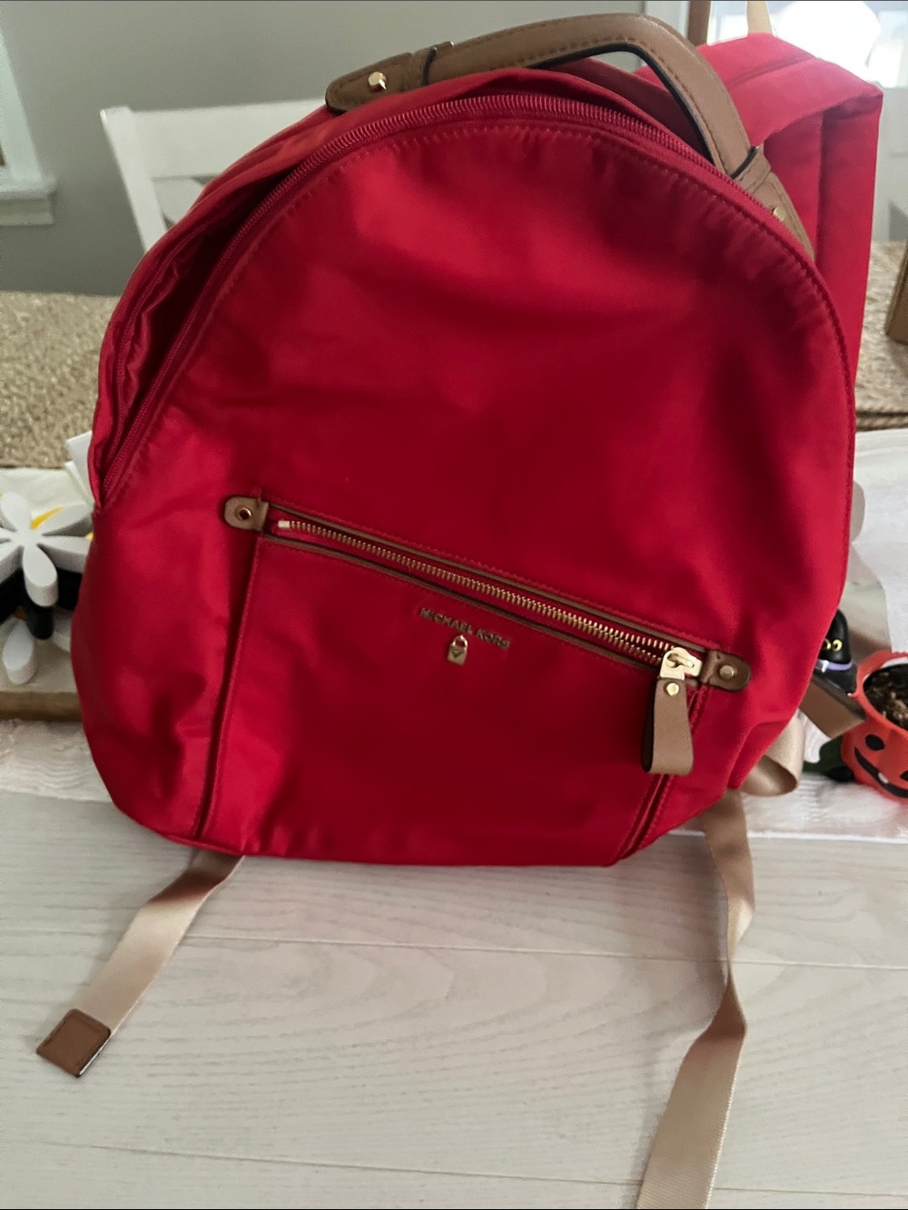 Michael Kors Vibrant Red Nylon Backpack with Tan Trim